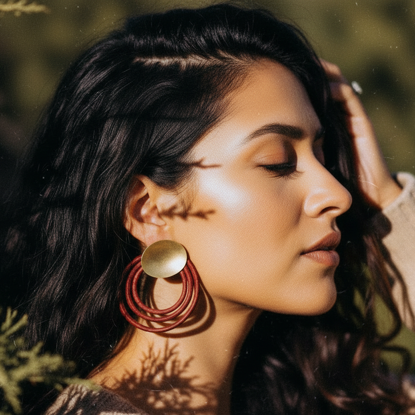 Leather Cord + Brass Hoop Earrings (Wine)